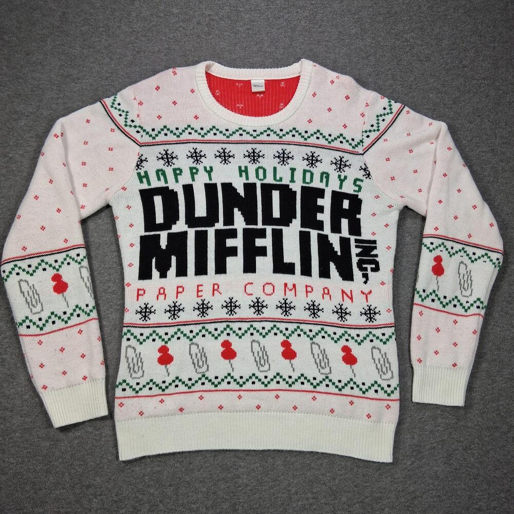 The Office Sweater Mens Large White Dunder Mifflin Ugly Christmas Holiday Party
